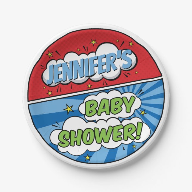 Its A Boy Comic Book Superhero Baby Shower Paper Plates (Front)