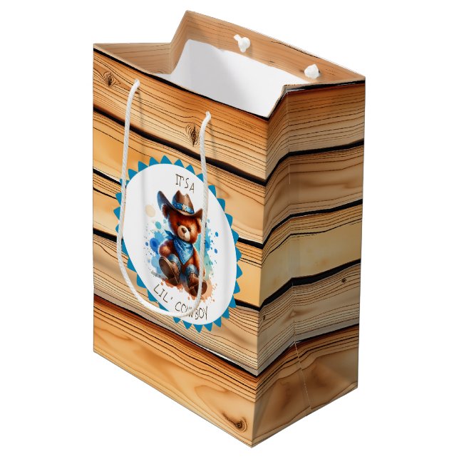 It's a Boy | Cowboy Teddy Bear Boy's Baby Shower Medium Gift Bag (Front Angled)