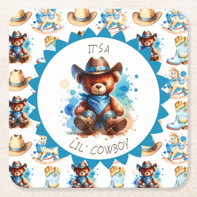 It's a Boy | Cowboy Teddy Bear Boy's Baby Shower Square Paper Coaster (Front)
