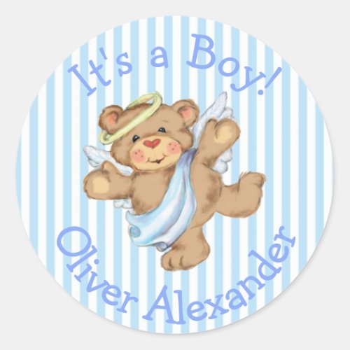 Its a Boy Custom Teddy Bear Angel Classic Round Sticker