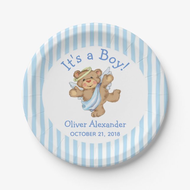 Its a Boy Custom Teddy Bear Angel Paper Plates (Front)
