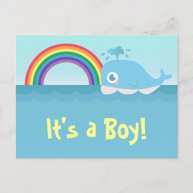 It's a Boy - Cute Baby Blue Whale with Rainbow Announcement Postcard (Front)