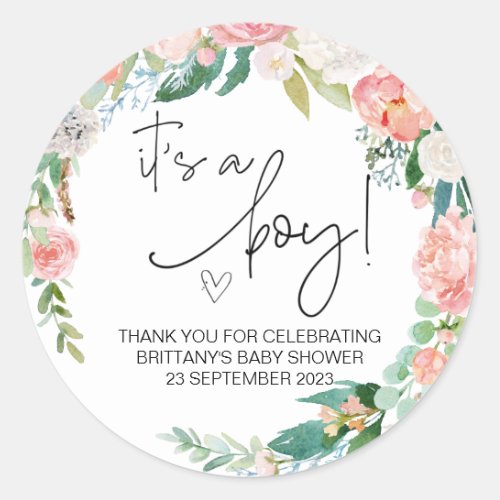  Its a Boy Cute Baby Shower Party Favor Floral Classic Round Sticker