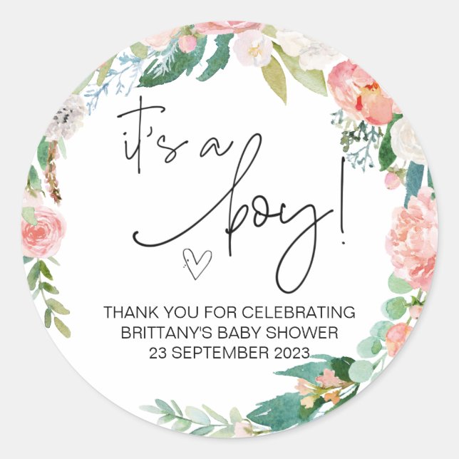  It's a Boy Cute Baby Shower Party Favor Floral Classic Round Sticker (Front)