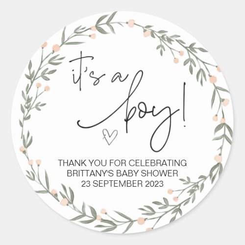  Its a Boy Cute Baby Shower Party Favor Greenery Classic Round Sticker