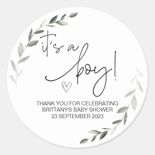  Its a Boy Cute Baby Shower Party Favour Greenery Classic Round Sticker