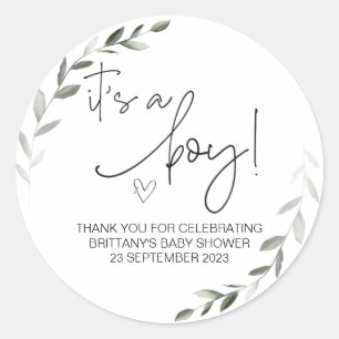 It's a Boy Cute Baby Shower Party Favour Greenery Classic Round Sticker
