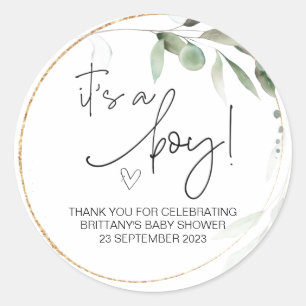 It's a Boy Cute Baby Shower Party Favour Greenery Classic Round Sticker