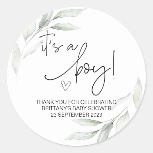  Its a Boy Cute Baby Shower Party Favour Greenery Classic Round Sticker