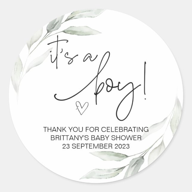  It's a Boy Cute Baby Shower Party Favour Greenery Classic Round Sticker (Front)