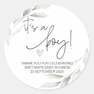 It's a Boy Cute Baby Shower Party Favour Greenery Classic Round Sticker