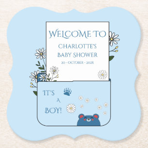 It's A Boy! Cute Bear & Daisy Flowers Baby Shower Paper Coaster