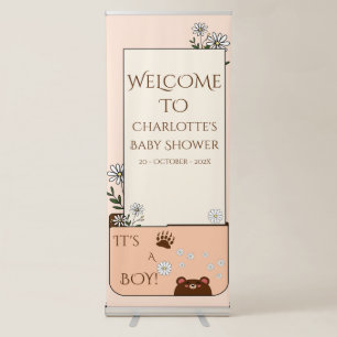 It's A Boy! Cute Bear & Daisy Flowers Baby Shower Retractable Banner