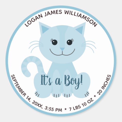 Its a Boy Cute Blue Cat Kitten Baby Birth Stats Classic Round Sticker