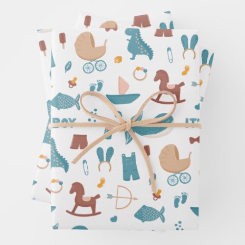 Its a boy Cute blue funny animals toy baby shower Wrapping Paper Sheets