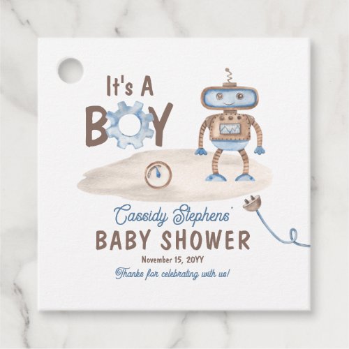 Its A Boy Cute Blue  Greige Robot Baby Shower  Favor Tags