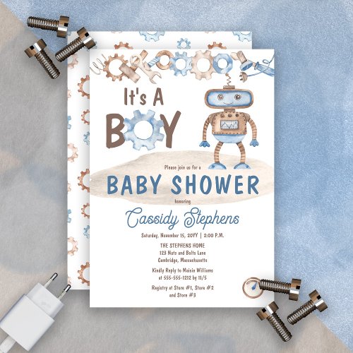 Its A Boy Cute Blue  Greige Robot Baby Shower  Invitation