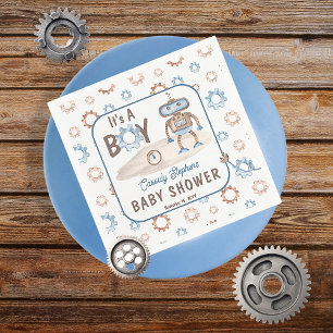 It's A Boy Cute Blue   Greige Robot Baby Shower Napkins