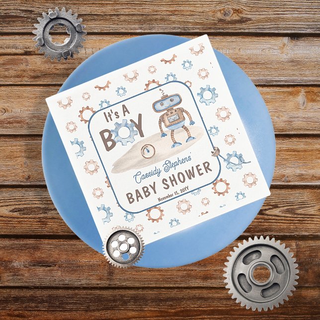 It's A Boy Cute Blue | Greige Robot Baby Shower Napkins (Blue, greige and white "It's A Boy" Cute Robot-Themed Baby Shower Paper Napkins)