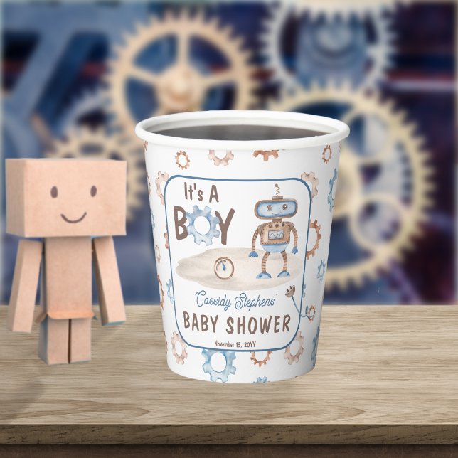 It's A Boy Cute Blue | Greige Robot Baby Shower Paper Cups (It's A Boy Cute Blue and Greige Robot Baby Shower Paper Cups)