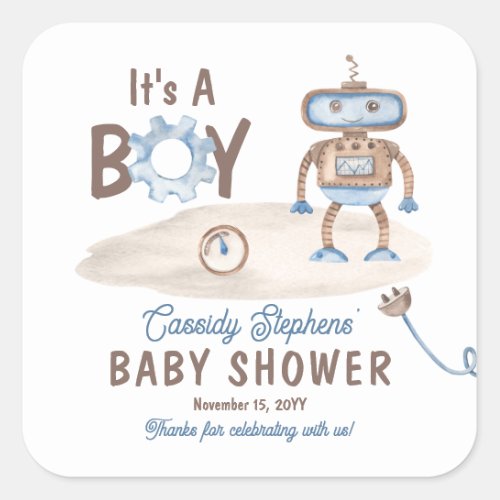 Its A Boy Cute Blue  Greige Robot Baby Shower  Square Sticker