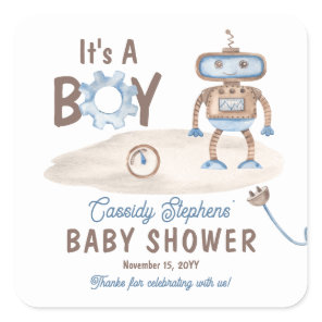 It's A Boy Cute Blue | Greige Robot Baby Shower  Square Sticker