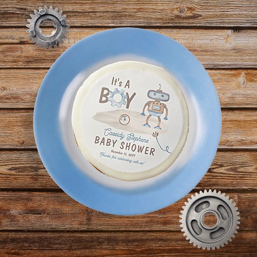 Its A Boy Cute Blue  Greige Robot Baby Shower Sugar Cookie