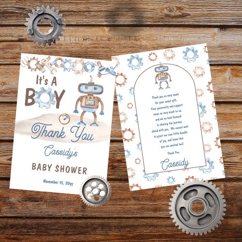Its A Boy Cute Blue  Greige Robot Baby Shower Thank You Card