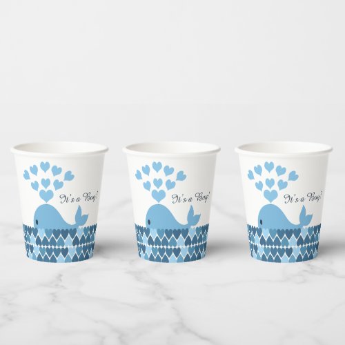 Its a boy Cute Blue Whale  and Hearts Paper Cups