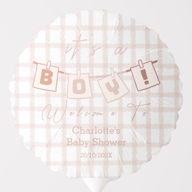 It's a Boy! Cute Brown Gingham Notedry Baby Shower Balloon (Front)