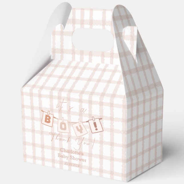 It's a Boy! Cute Brown Gingham Notedry Baby Shower Favor Boxes (Front)