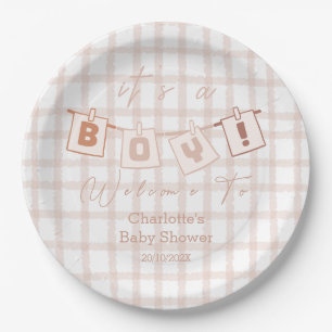 It's a Boy! Cute Brown Gingham Notedry Baby Shower Paper Plates