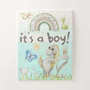 Its A Boy Cute Dinosaurs Gender Reveal Baby Shower Jigsaw Puzzle