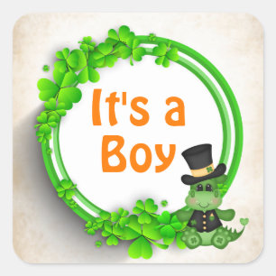 It's a Boy Cute Dragon n Clovers Irish Baby Shower Square Sticker