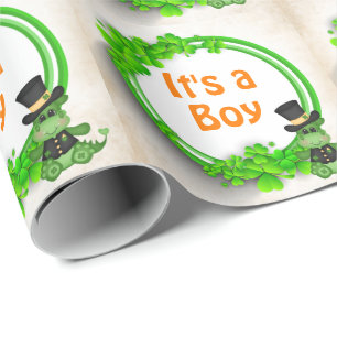 It's a Boy Cute Dragon n Clovers Irish Baby Shower Wrapping Paper