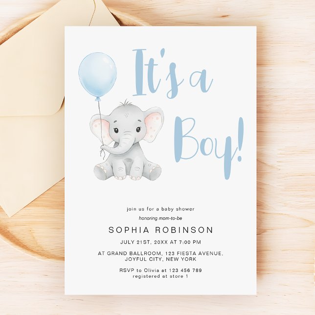 It's a Boy Cute Elephant Pastel Blue Baby Shower Invitation (Creator Uploaded)