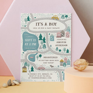 It's a boy. Cute funny road city map baby shower Invitation