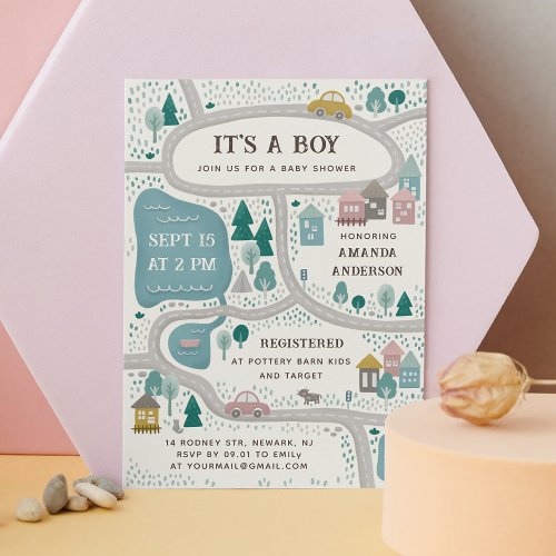 Its a boy Cute funny road city map baby shower Invitation
