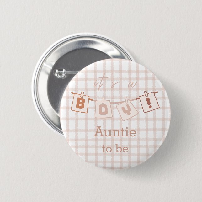 It's a Boy! Cute Gingham Notedry Auntie-to-be Button (Front & Back)