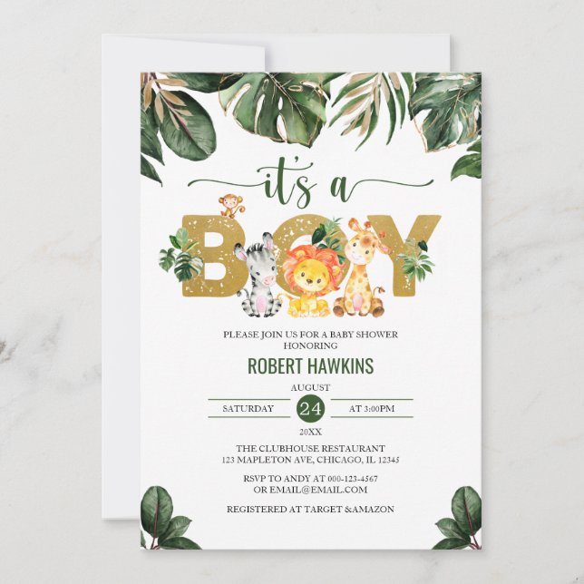  Its a Boy Cute Jungle Safari Animals Baby Shower Invitation (Front)