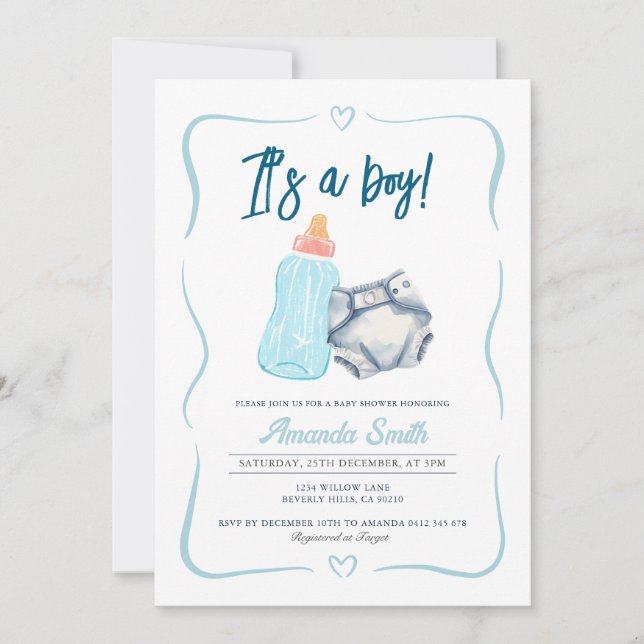 It's a boy Cute Milk Bottle and Diaper Invitation (Front)