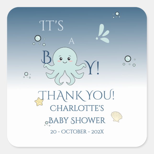 It's A Boy! Cute Ocean Animals Baby Shower Square Sticker (Front)