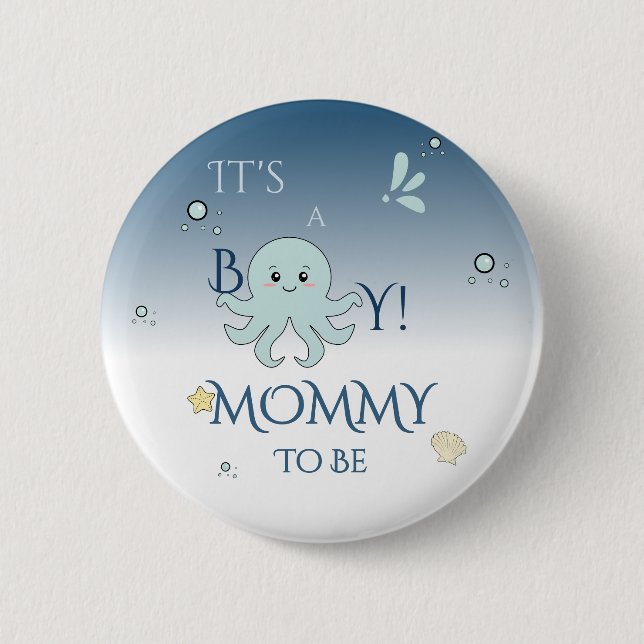 It's A Boy! Cute Ocean Animals Mommy-to-be Button (Front)