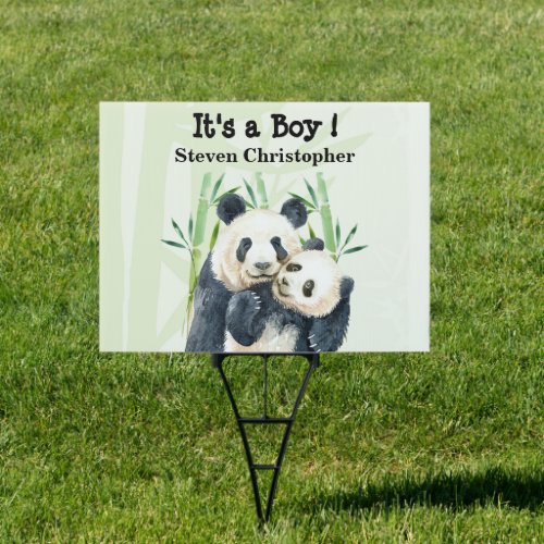 Its a Boy Cute Panda Bears Cuddling Watercolor Sign