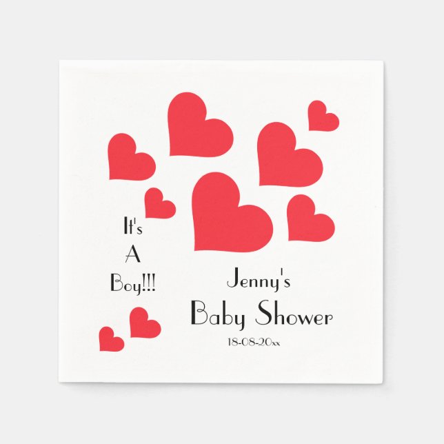 It's A Boy!!! - Cute Red Hearts Custom Baby Shower Napkins (Front)
