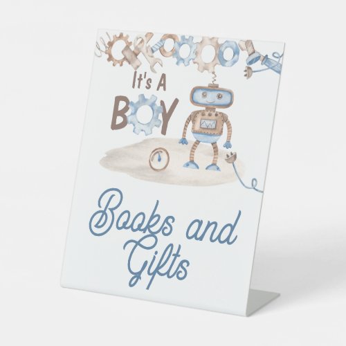 Its A Boy Cute Robot Baby Shower Books and Gifts Pedestal Sign