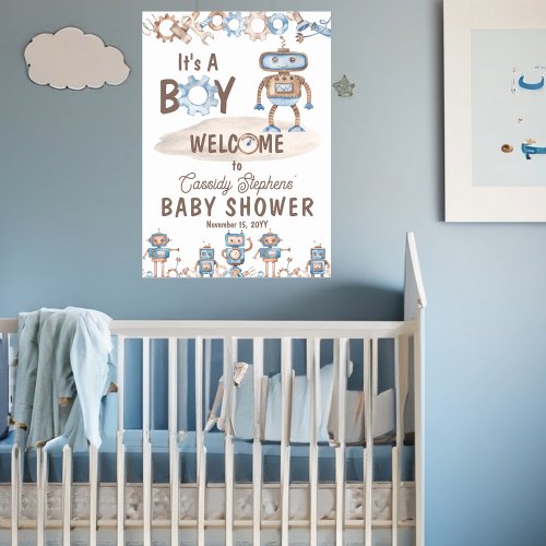 Its A Boy Cute Robot Baby Shower Welcome Poster