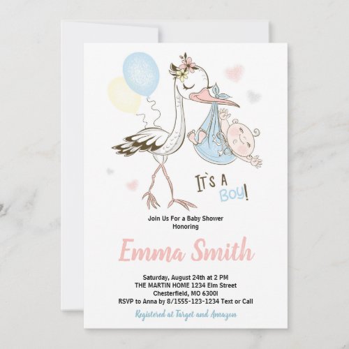 Its a Boy Cute Stork Watercolor Baby Shower Invit Invitation