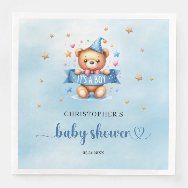 It's a boy cute teddy bear boy baby shower paper dinner napkins (Front)