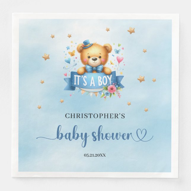 It's a boy cute teddy bear boy baby shower paper dinner napkins (Front)